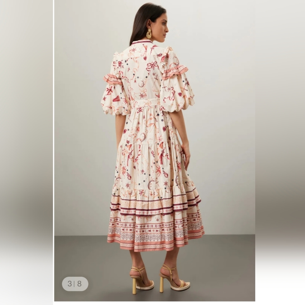 Marchesa Rosa Parker Midi Dress Button Down Puff Sleeve Cream Red Size 8 - Picture 2 of 10